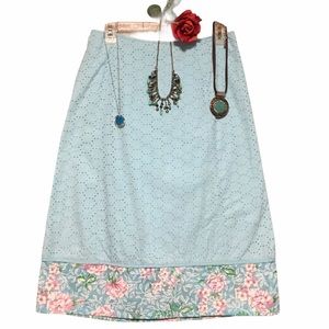 Eyelet spring skirt aqua floral border lined mixed media soft power cottage core